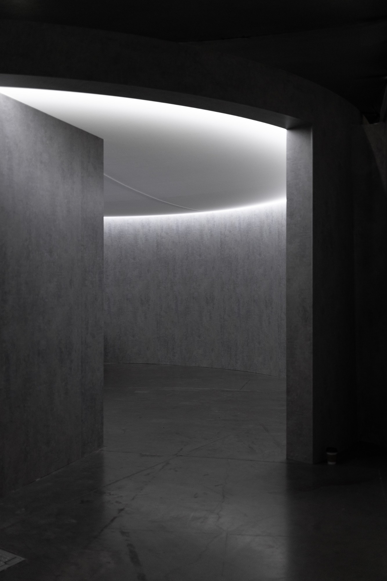 The dark curved passage behind the hidden door, lit by the edge of the ceiling