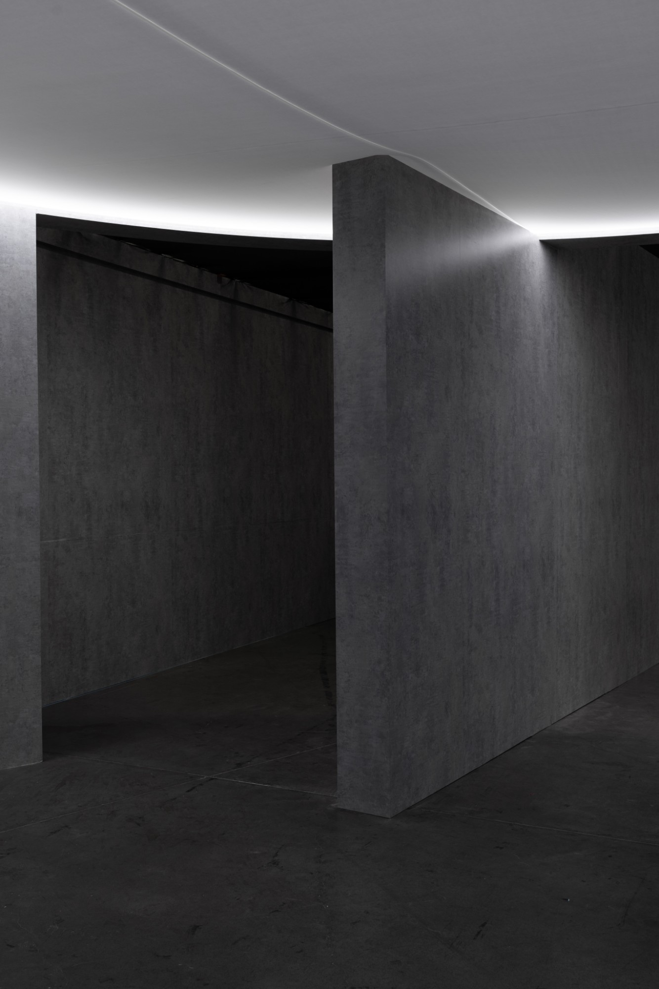 Concrete-textured walls and a glowing ceiling seam in the entry corridor
